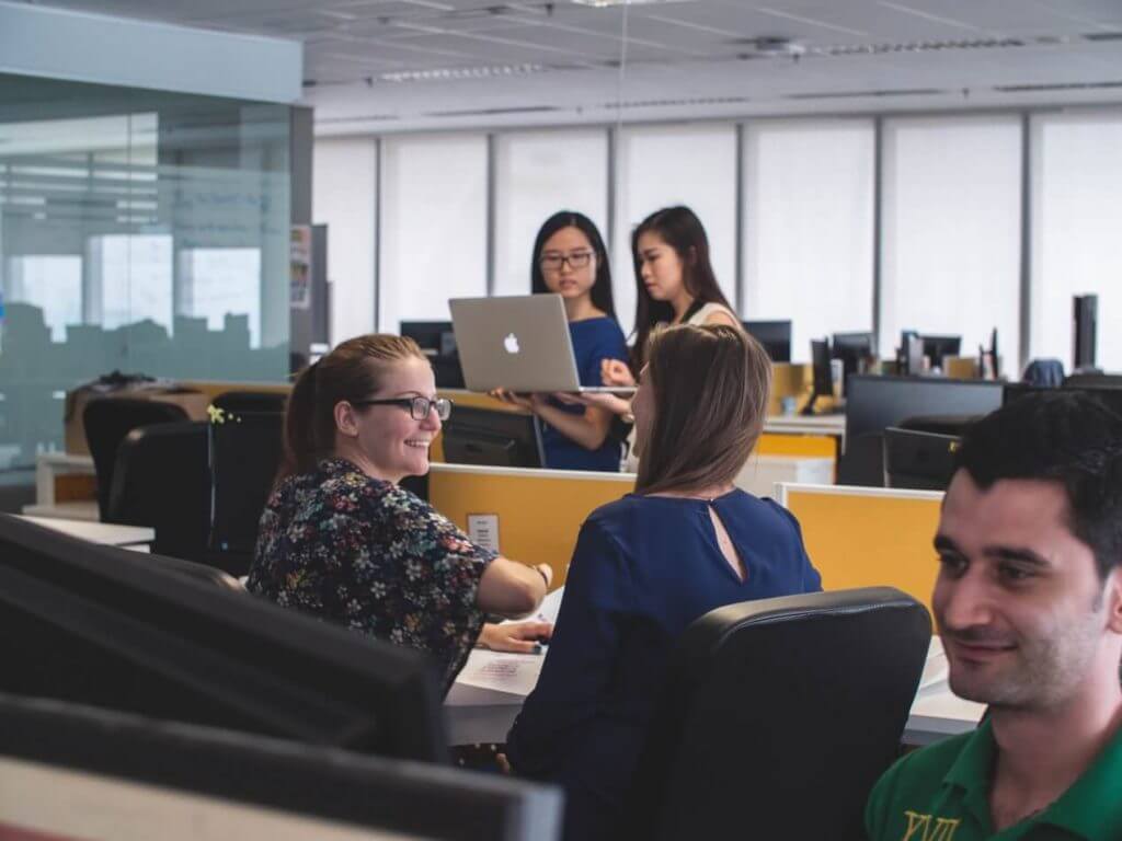 Women talking in an office